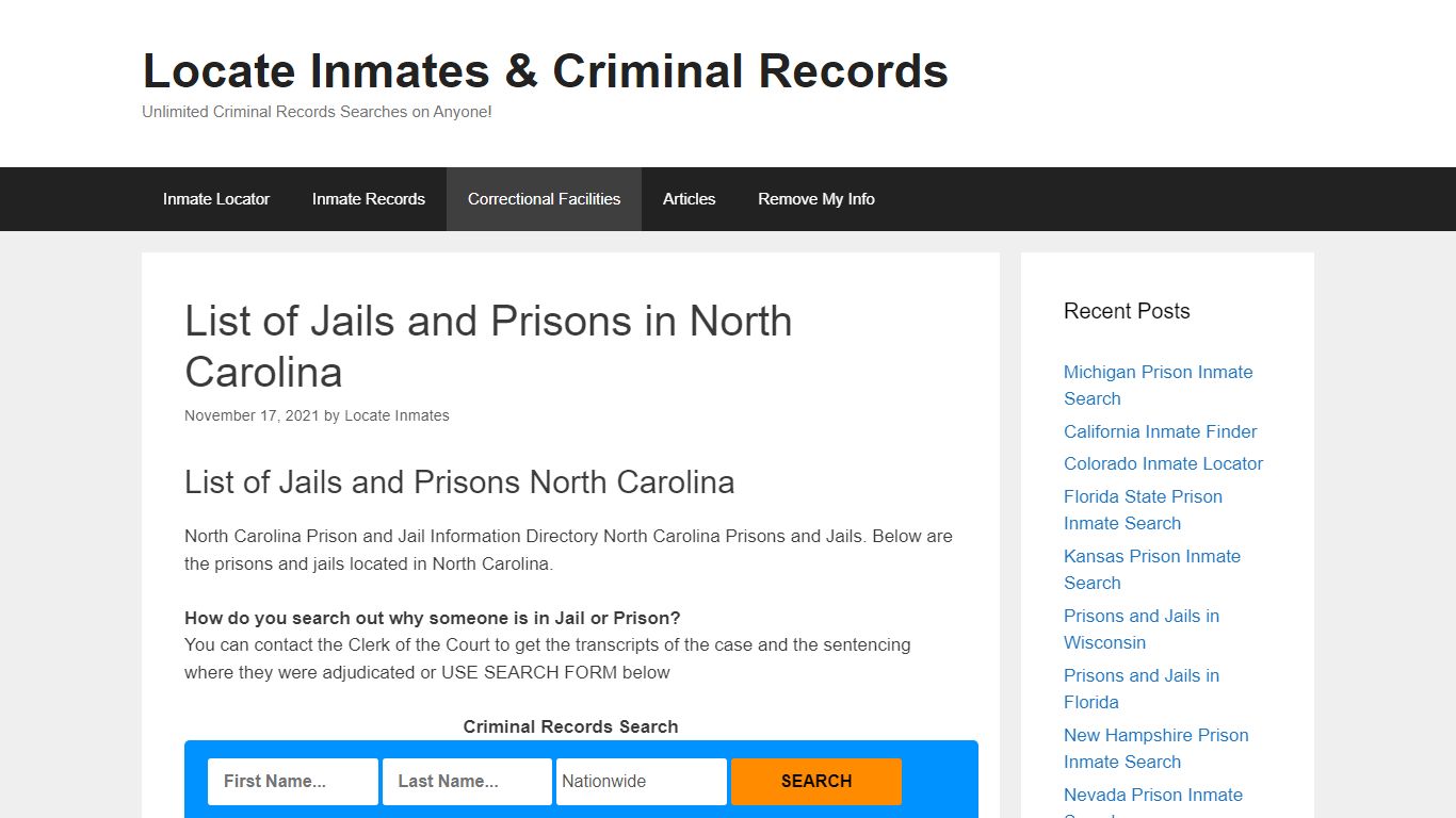 List of Jails and Prisons in North Carolina – Locate Inmates & Criminal ...